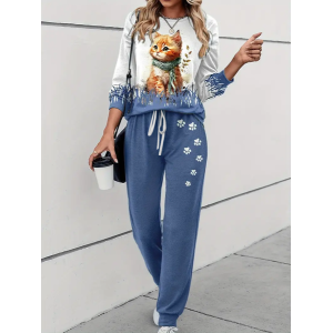 Women's Printing Cat Daily Going Out Two Piece Set Long Sleeve Casual Spring/Fall Top With Pants Matching Set