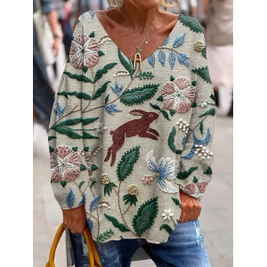 Women's Long Sleeve Tee T-shirt Spring/Fall Floral V Neck Casual Graphic Tee Top