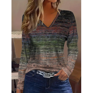 Women's Long Sleeve Tee T-shirt Spring/Fall Geometric Printing V Neck Casual Graphic Tee Top