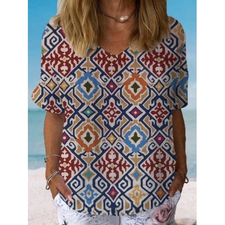 Women's Short Sleeve Blouse Summer Ethnic Cotton Crew Neck Daily Going Out Casual Top