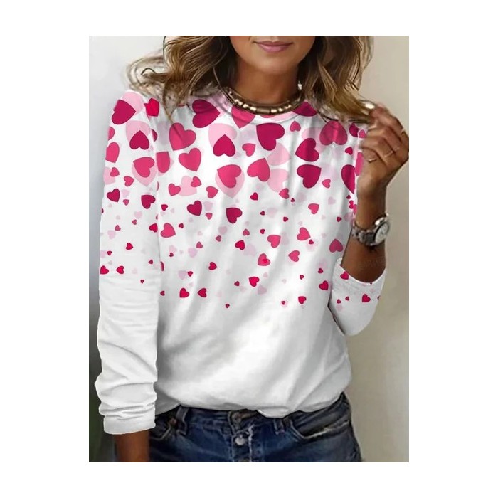 Women's Long Sleeve Tee T-shirt Spring/Fall Heart/Cordate Printing Crew Neck Casual Graphic Tee Top