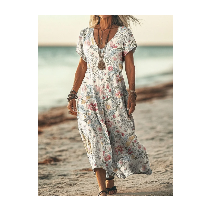 Women's Short Sleeve Summer Floral Printing Dress V Neck Daily Going Out Casual Maxi T-Shirt Dress H-Line Dress