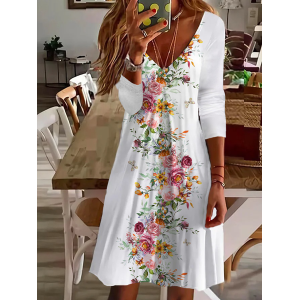 Women's Long Sleeve Summer Floral Printing Dress V Neck Daily Going Out Casual Midi Tunic A-Line Dress