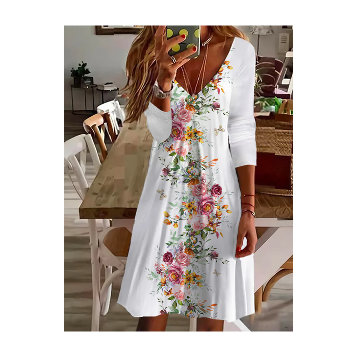 Women's Long Sleeve Summer Floral Printing Dress V Neck Daily Going Out Casual Midi Tunic A-Line Dress