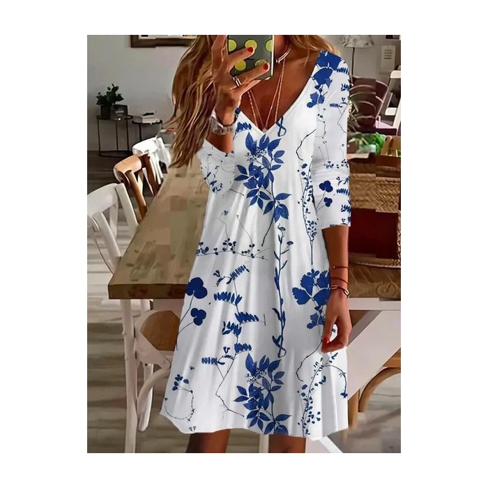 Women's Long Sleeve Summer Floral Printing Dress V Neck Daily Going Out Casual Midi Tunic A-Line Dress