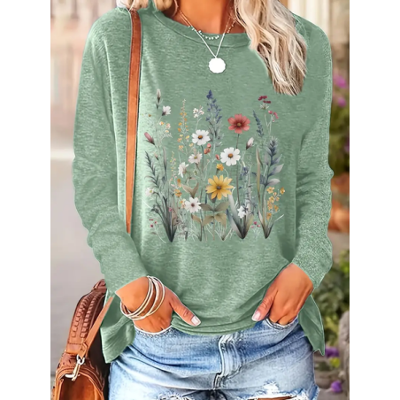Women's Long Sleeve Tee T-shirt Spring/Fall Floral Printing Crew Neck Casual Top