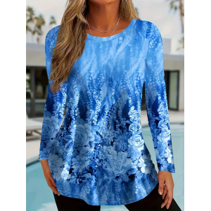 Women's Long Sleeve Tee T-shirt Spring/Fall Floral Printing Crew Neck Casual Top