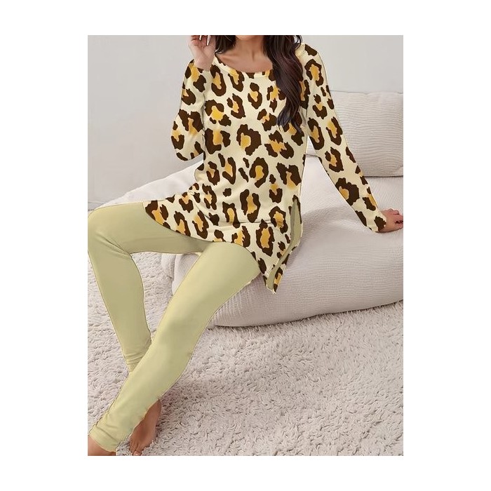 Women's Leopard Daily Going Out Two Piece Set Long Sleeve Casual Spring/Fall Top With Pants Matching Set