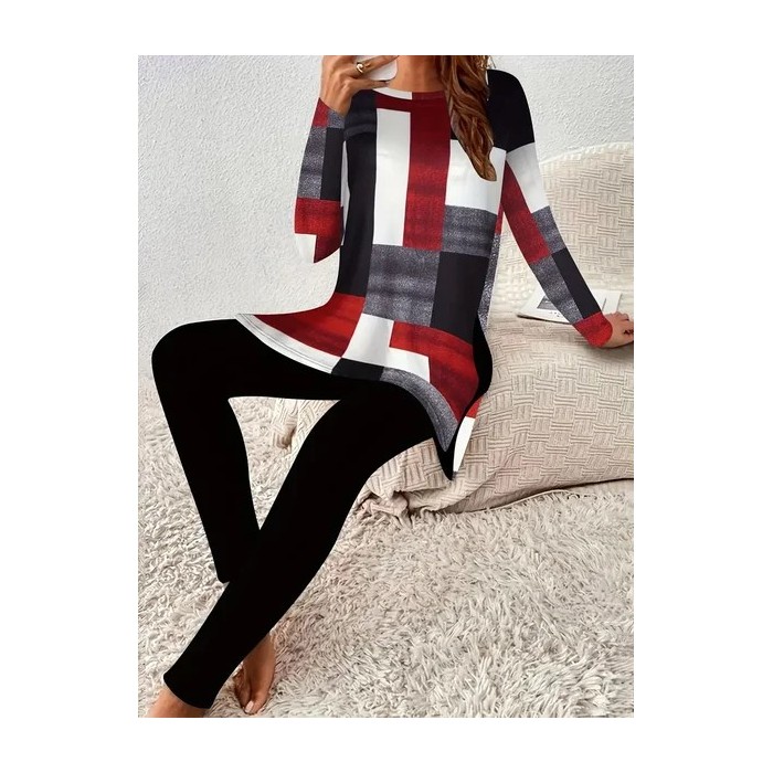 Women's Printing Plaid Daily Going Out Two Piece Set Long Sleeve Casual Spring/Fall Top With Pants Matching Set