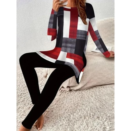 Women's Printing Plaid Daily Going Out Two Piece Set Long Sleeve Casual Spring/Fall Top With Pants Matching Set