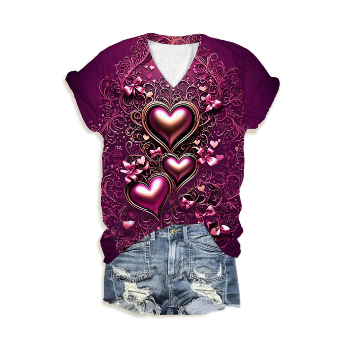 Women's Short Sleeve Tee T-shirt Summer Floral Printing V Neck Casual Top Graphic Tee