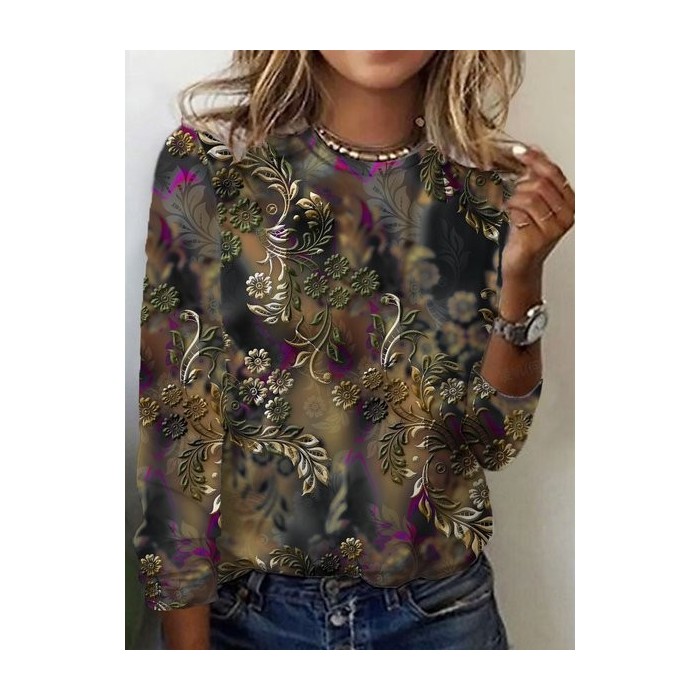 Women's Long Sleeve Tee T-shirt Spring/Fall Floral Crew Neck Casual Top