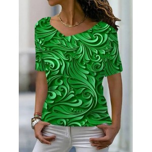 Women's Short Sleeve Tee T-shirt Summer Floral V Neck Casual Top