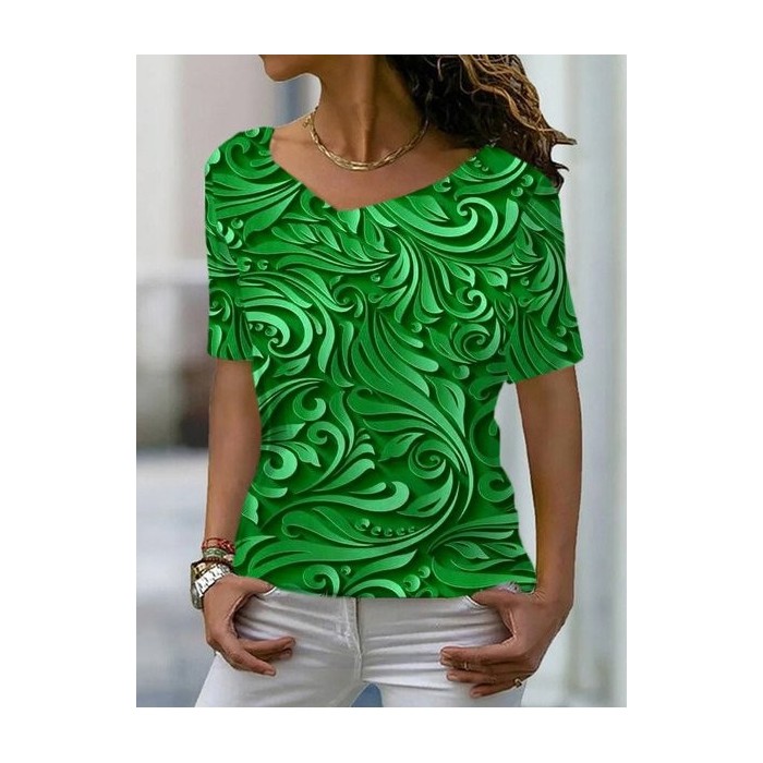 Women's Short Sleeve Tee T-shirt Summer Floral V Neck Casual Top