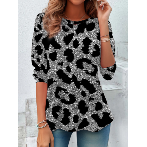 Women's Long Sleeve Tee T-shirt Spring/Fall Leopard Printing Crew Neck Casual Top