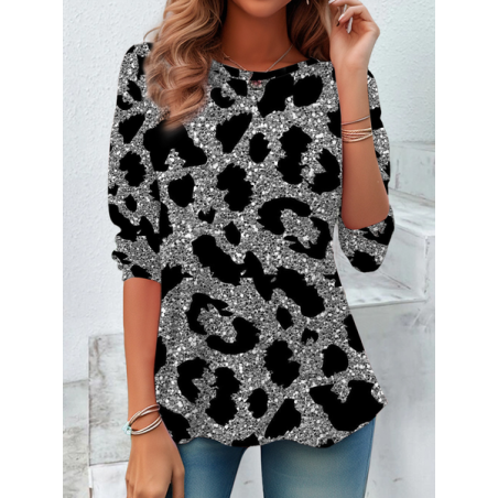 Women's Long Sleeve Tee T-shirt Spring/Fall Leopard Printing Crew Neck Casual Top