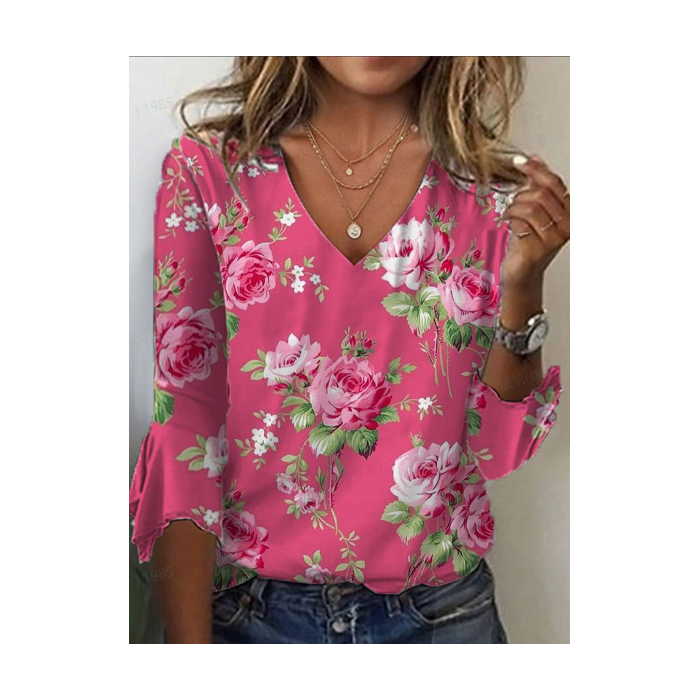 Women's Half Sleeve Tee T-shirt Summer Floral Printing V Neck Casual Top