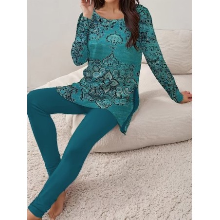 Women's Jersey Ethnic Daily Going Out Two Piece Set Long Sleeve Casual Spring/Fall Top With Pants Matching Set