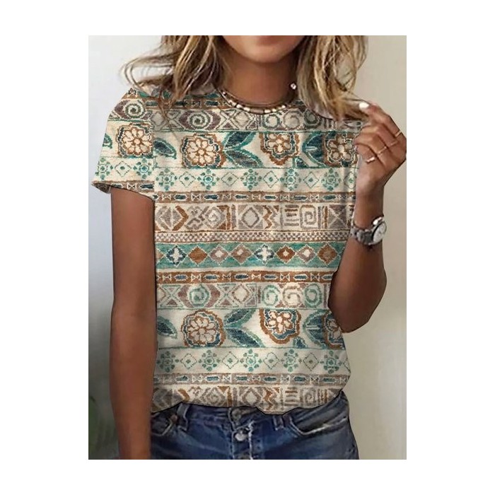 Women's Short Sleeve Tee T-shirt Summer Ethnic Crew Neck Casual Top