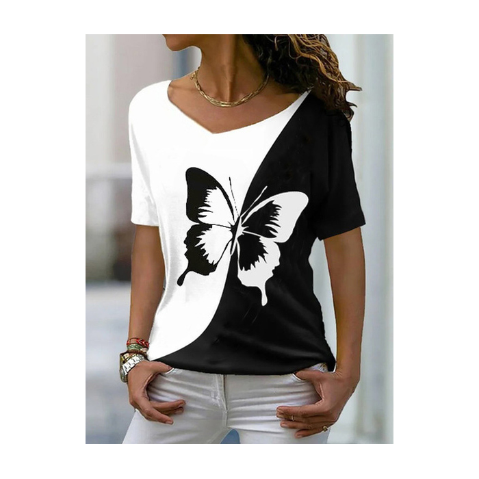 Women's Short Sleeve Tee T-shirt Summer Butterfly V Neck Casual Top