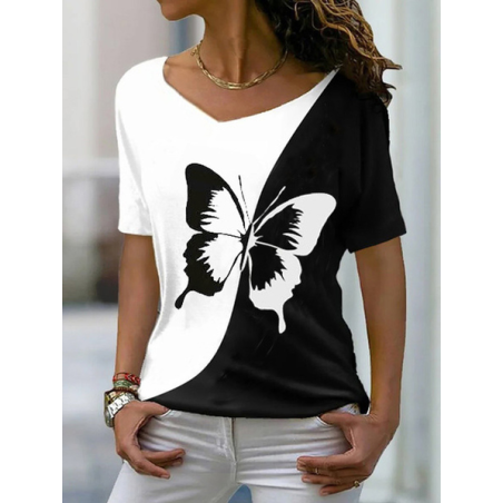 Women's Short Sleeve Tee T-shirt Summer Butterfly V Neck Casual Top
