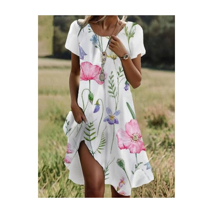 Women's Short Sleeve Summer Floral Dress Crew Neck Daily Going Out Casual Midi H-Line T-Shirt Dress