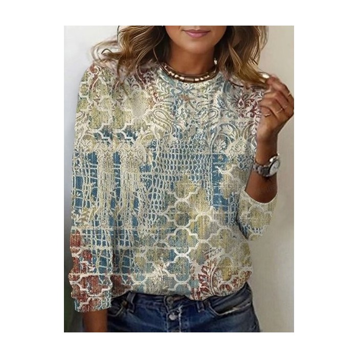 Women's Long Sleeve Tee T-shirt Spring/Fall Ethnic Jersey Crew Neck Daily Going Out Casual Top