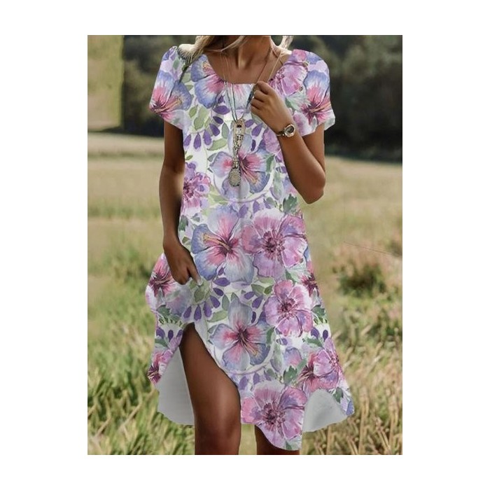 Women's Short Sleeve Summer Floral Dress Crew Neck Daily Going Out Casual Midi H-Line T-Shirt Dress
