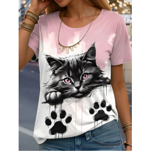 Women's Short Sleeve Tee T-shirt Summer Cat Jersey Crew Neck Daily Going Out Casual Top