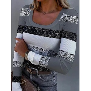 Women's U Neck Slim Color Block Long Sleeve Daily T-Shirts