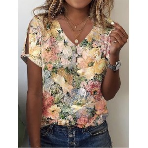 Casual Floral Cotton V Neck T-Shirt