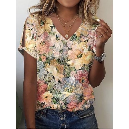 Casual Floral Cotton V Neck T-Shirt