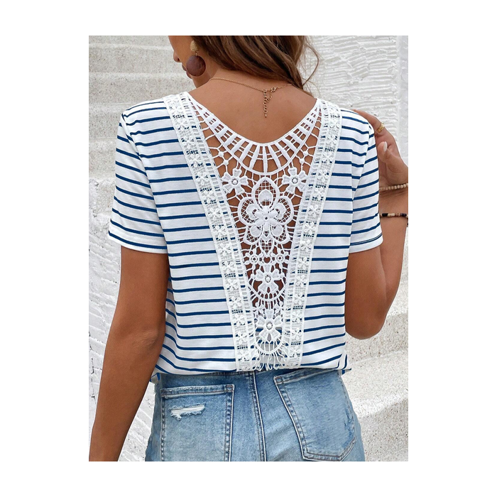 Women's Short Sleeve Tee Summer Striped Lace Hollow out V Neck Going Out Elegant Top White Red