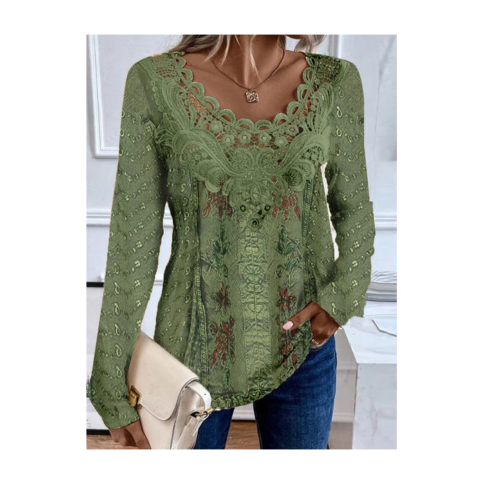 Women's Long Sleeve Blouse Spring/Fall Random Print Lace Jersey Crew Neck Daily Going Out Casual Top Green