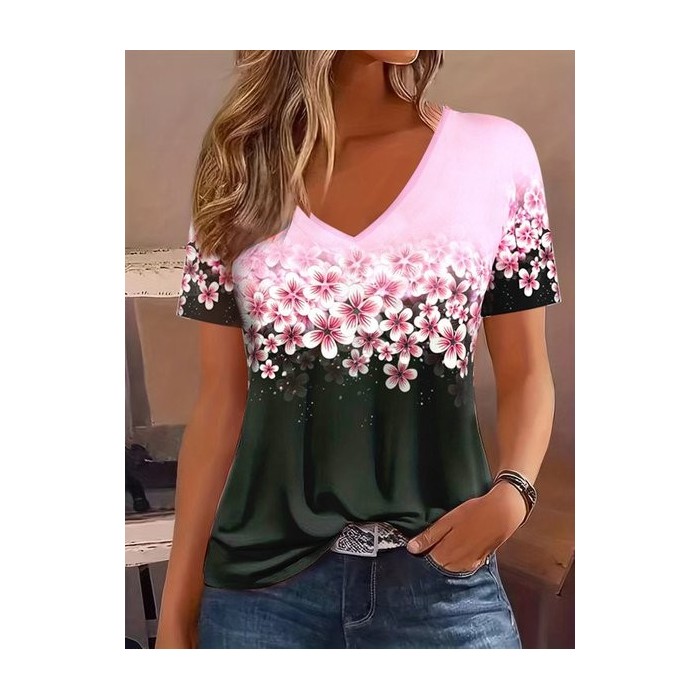 Women's Short Sleeve Tee T-shirt Summer Floral Printing Knitted V Neck Daily Going Out Casual Top Pink