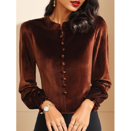 Women's Long Sleeve Blouse Spring/Fall Plain Buckle Velvet Lotus Leaf Collar Daily Going Out Casual Top