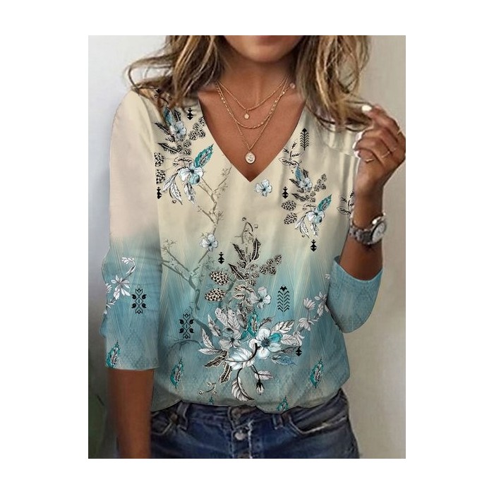 Women's Long Sleeve Tee T-shirt Spring/Fall Floral Jersey V Neck Daily Going Out Casual Top