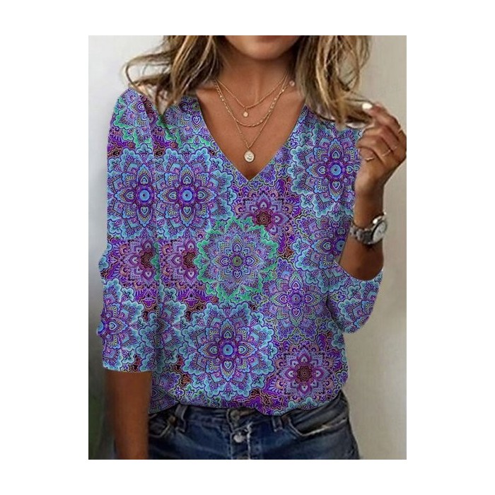 Women's Long Sleeve Tee T-shirt Spring/Fall Ethnic Jersey V Neck Holiday Going Out Casual Top