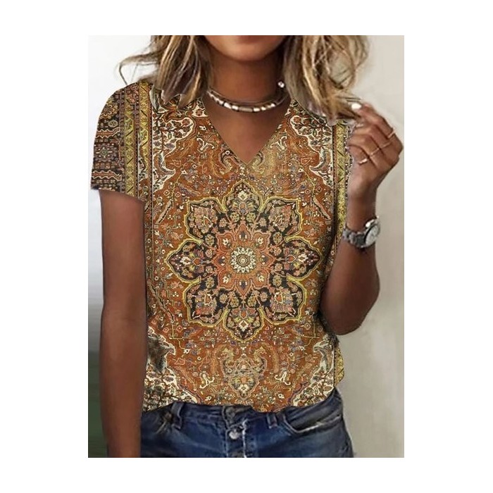Women's Short Sleeve Tee T-shirt Summer Ethnic Jersey V Neck Holiday Going Out Casual Top
