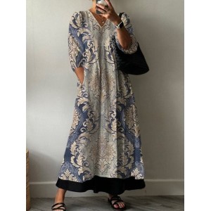 Women's Long Sleeve Spring/Fall Ethnic Jersey Dress V Neck Holiday Going Out Casual Maxi A-Line T-Shirt Dress