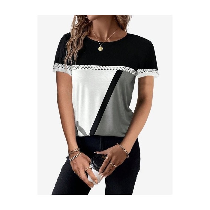 Women's Short Sleeve Tee T-shirt Summer Color Block Jersey Crew Neck Holiday Going Out Casual Top
