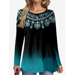 Women's Long Sleeve Tee T-shirt Spring/Fall Ethnic Jersey Crew Neck Holiday Going Out Casual Top