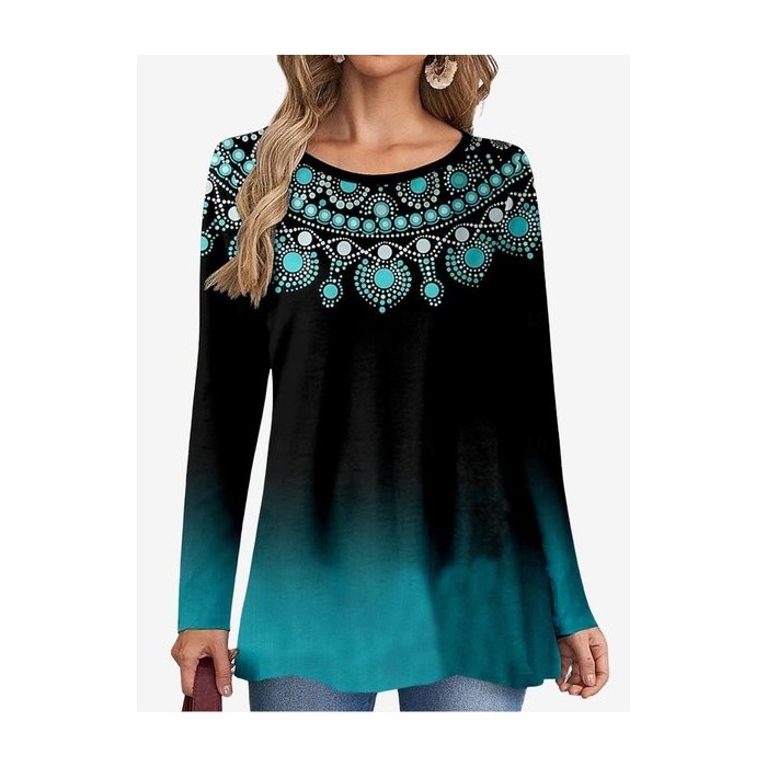Women's Long Sleeve Tee T-shirt Spring/Fall Ethnic Jersey Crew Neck Holiday Going Out Casual Top