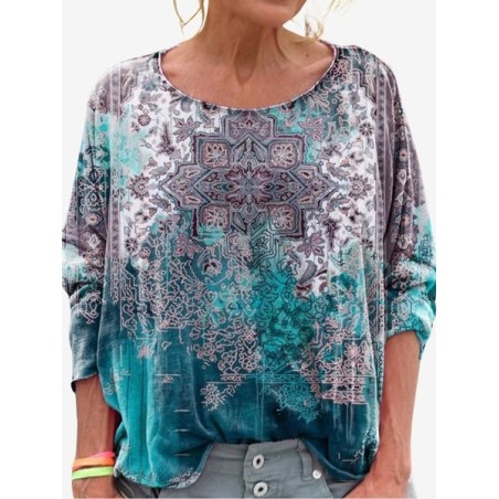Women's Long Sleeve Tee T-shirt Spring/Fall Ethnic Jersey Crew Neck Holiday Going Out Casual Top