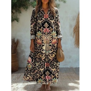Women's Long Sleeve Spring/Fall Ethnic Jersey Dress V Neck Daily Going Out Casual Maxi A-Line T-Shirt Dress