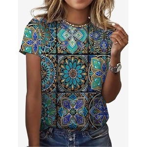 Women's Short Sleeve Tee T-shirt Summer Ethnic Jersey Crew Neck Holiday Going Out Casual Top