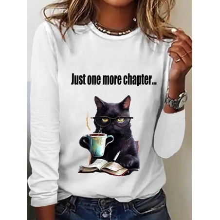 Women's Just One More Chapter Funny Cat Print Long Sleeve Crew Neck T-shirt