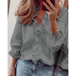 Women's Ruffled V-Neck Long Sleeve Plain Elegant Blouse