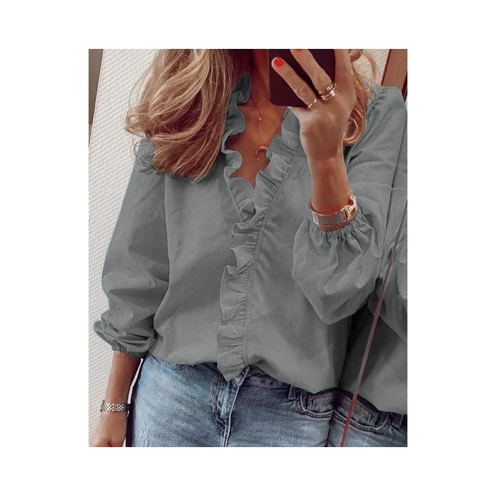Women's Ruffled V-Neck Long Sleeve Plain Elegant Blouse