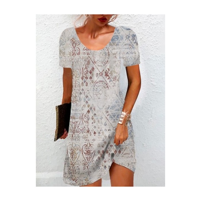 Women's Short Sleeve Summer Ethnic Jersey Dress Crew Neck Vacation Going Out Casual Mini H-Line TUNIC